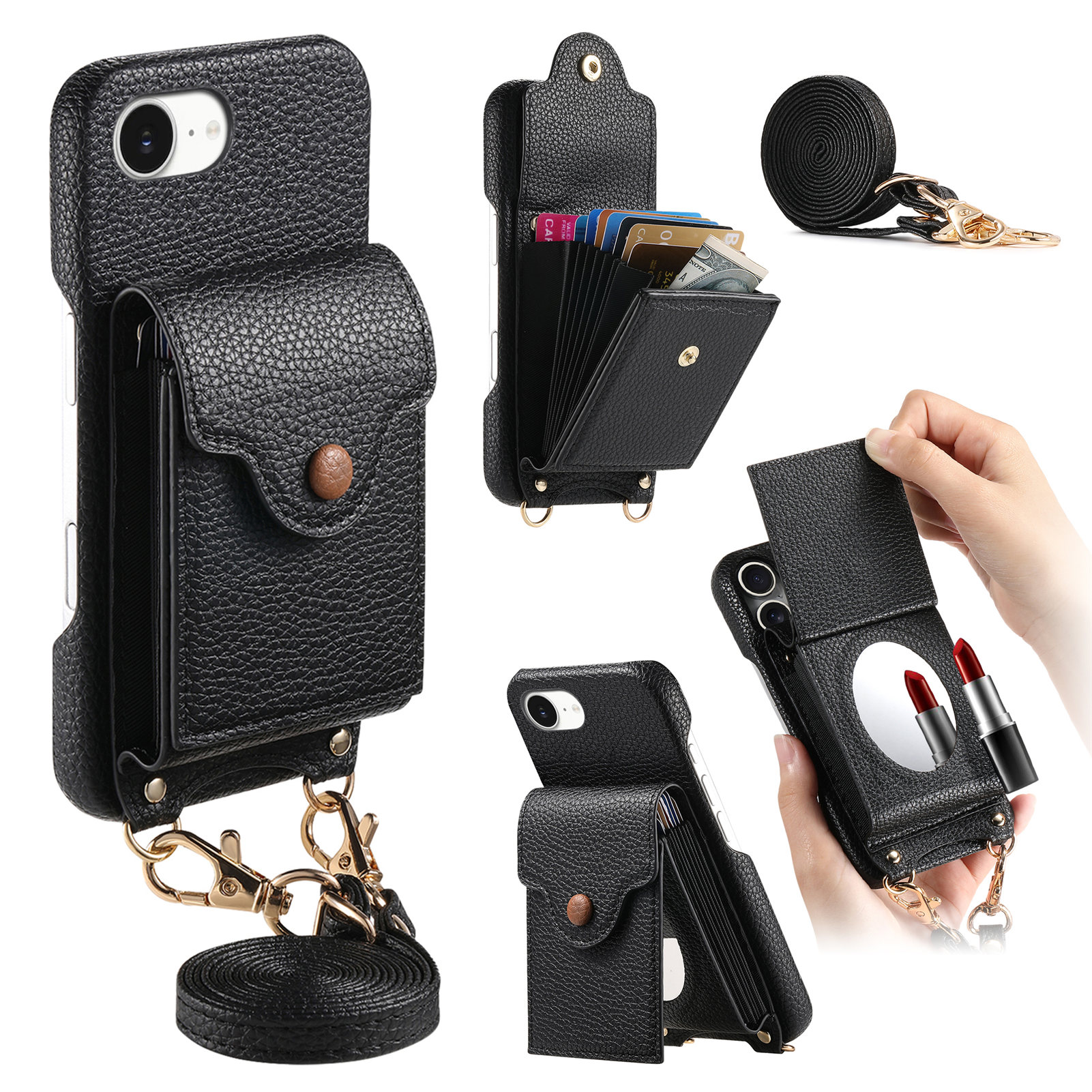 For iPhone 16e Case Mirror Card Holder Litchi Texture Leather Phone Back Cover with Long Strap - Black