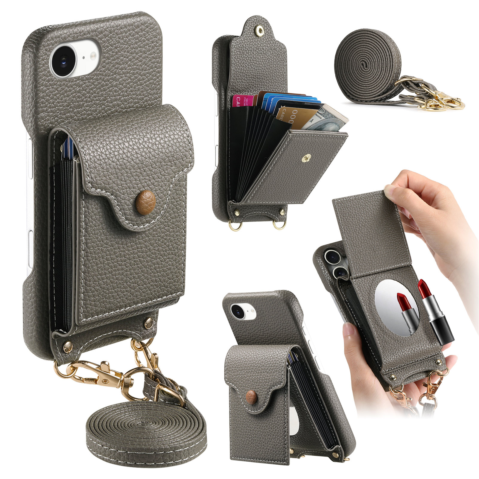 For iPhone 16e Case Mirror Card Holder Litchi Texture Leather Phone Back Cover with Long Strap - Silvery Grey
