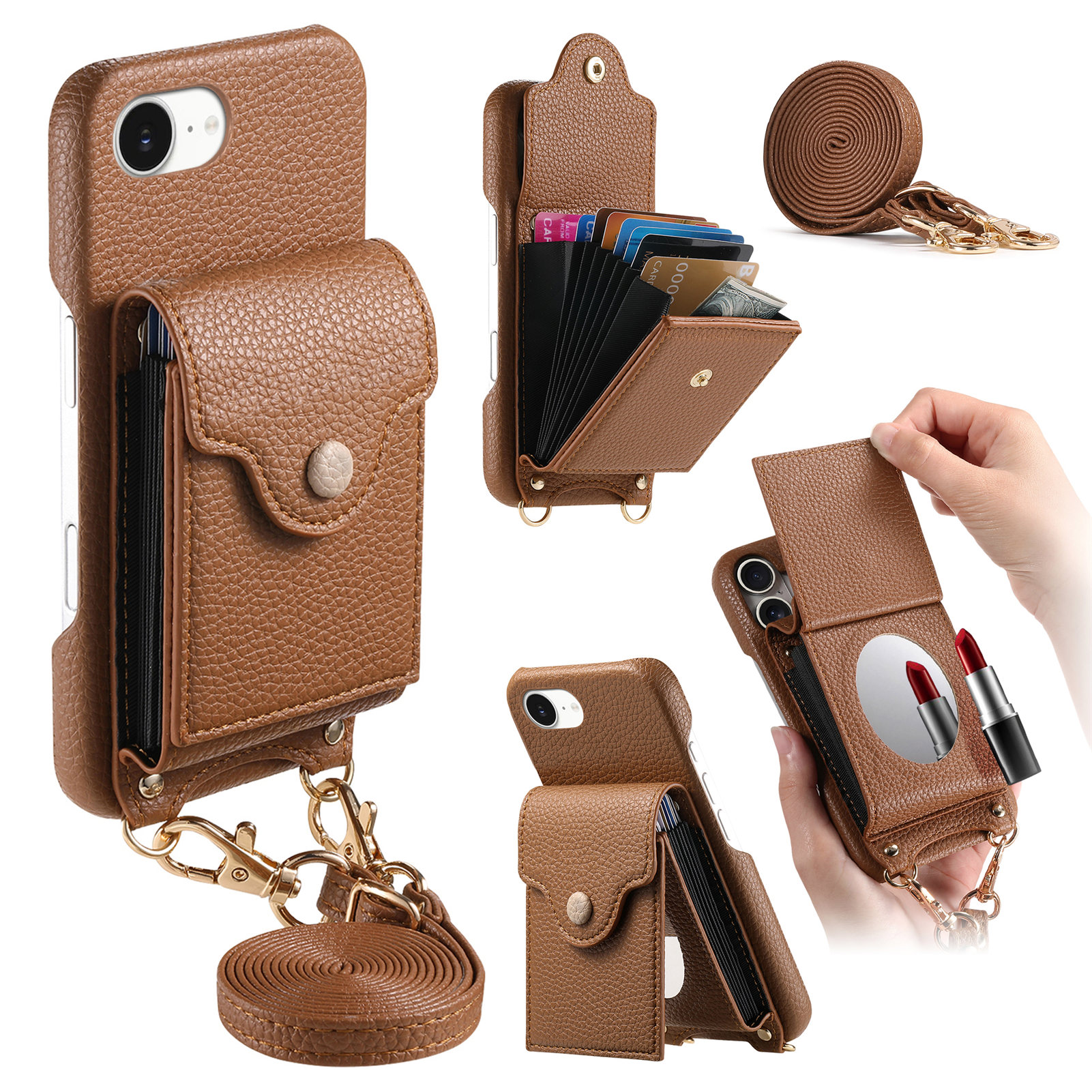 For iPhone 16e Case Mirror Card Holder Litchi Texture Leather Phone Back Cover with Long Strap - Brown