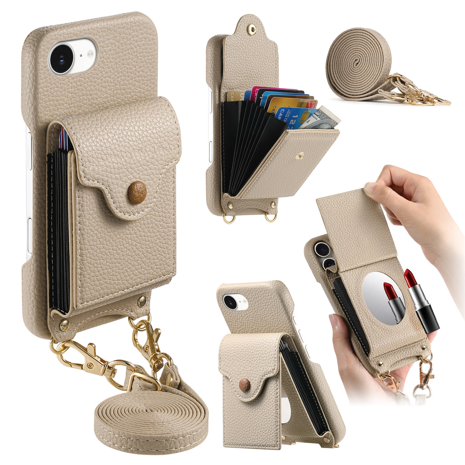 For iPhone 16e Case Mirror Card Holder Litchi Texture Leather Phone Back Cover with Long Strap - Khaki Gray