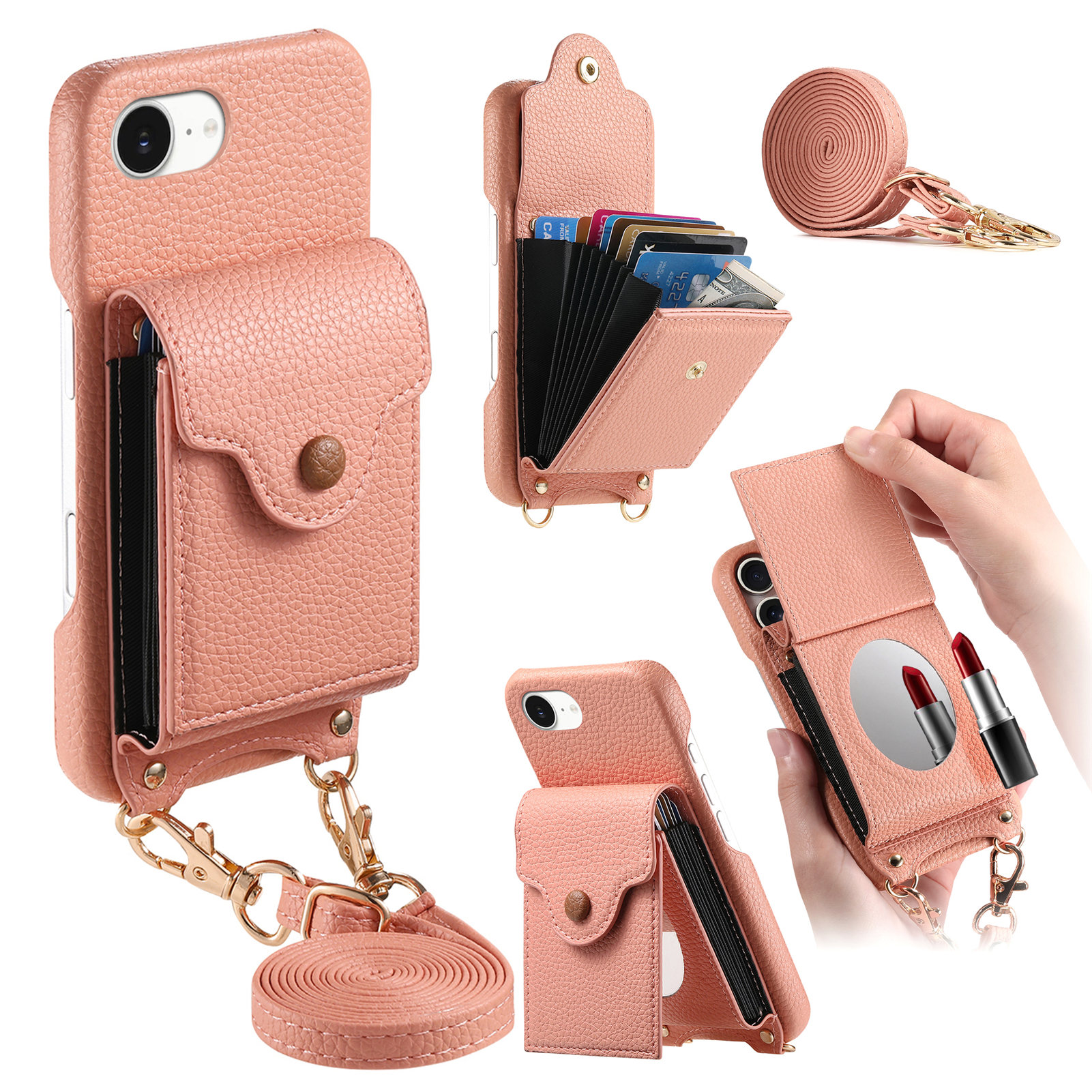 For iPhone 16e Case Mirror Card Holder Litchi Texture Leather Phone Back Cover with Long Strap - Pink