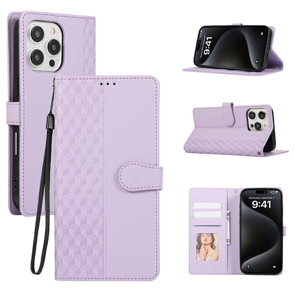For iPhone 16 Pro Max Case 3D Rhombus Grid Imprinted Wallet Leather Phone Cover with Lanyard - Purple