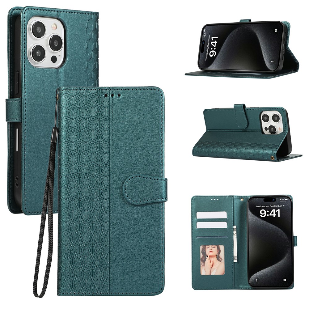 For iPhone 16 Pro Max Case 3D Rhombus Grid Imprinted Wallet Leather Phone Cover with Lanyard - Green