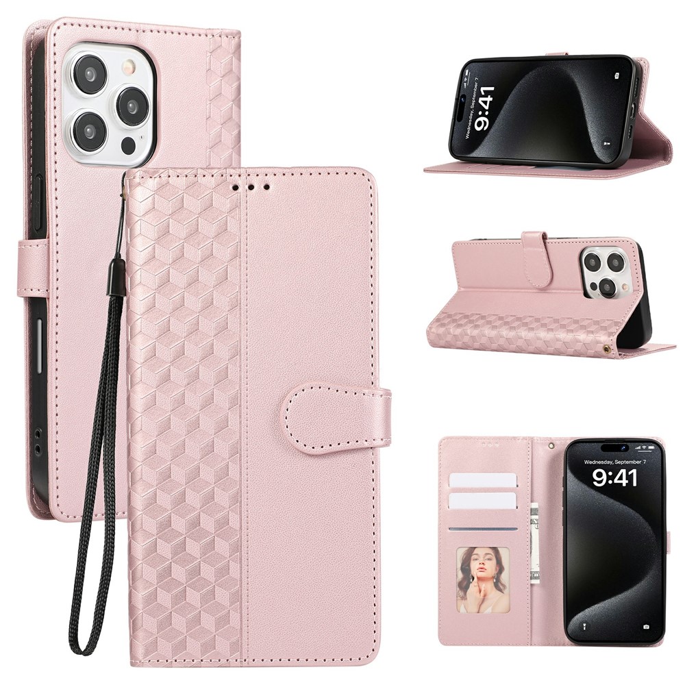For iPhone 16 Pro Max Case 3D Rhombus Grid Imprinted Wallet Leather Phone Cover with Lanyard - Rose Gold