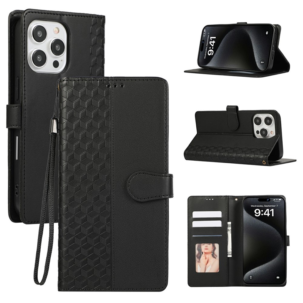 For iPhone 16 Pro Case 3D Rhombus Grid Imprinted Wallet Leather Phone Cover with Lanyard - Black