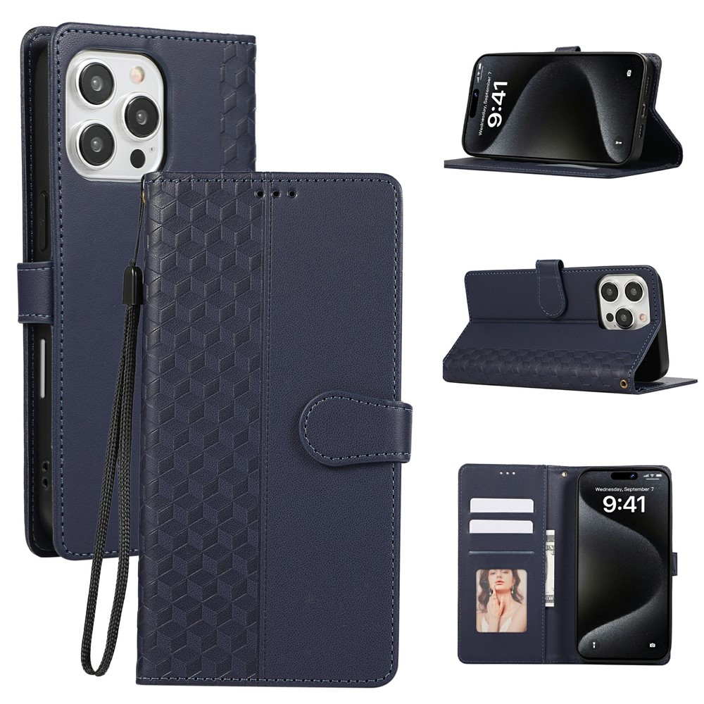 For iPhone 16 Pro Case 3D Rhombus Grid Imprinted Wallet Leather Phone Cover with Lanyard - Blue