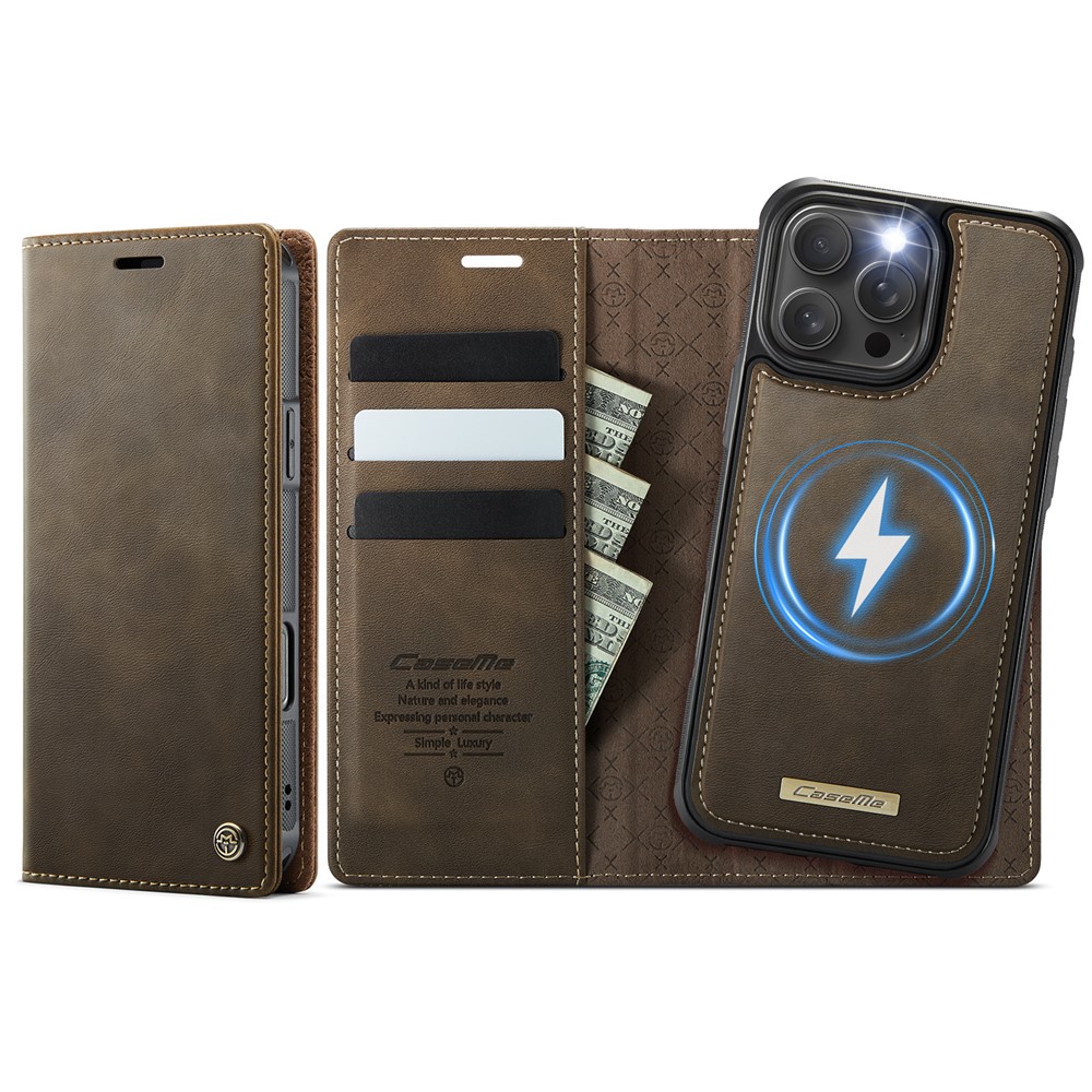For iPhone 16 Pro Case CASEME C49  Compatible with MagSafe RFID Blocking Detachable Wallet Leather Phone Cover - Coffee