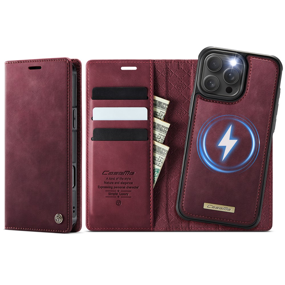 For iPhone 16 Pro Case CASEME C49  Compatible with MagSafe RFID Blocking Detachable Wallet Leather Phone Cover - Red