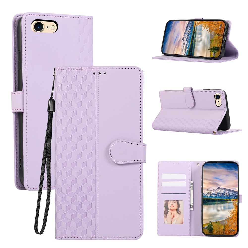 For iPhone 16e Case 3D Rhombus Grid Imprinted Wallet Leather Phone Cover with Lanyard - Purple