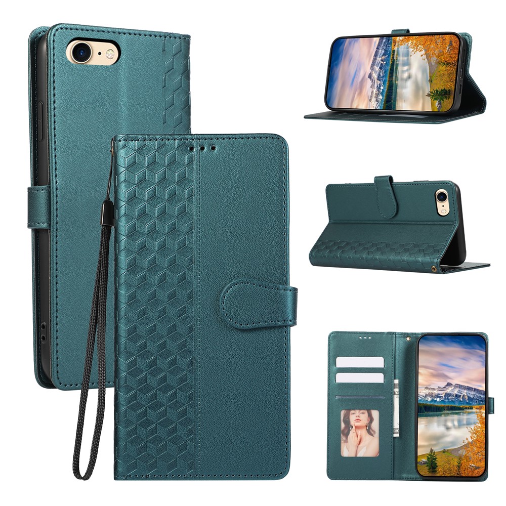 For iPhone 16e Case 3D Rhombus Grid Imprinted Wallet Leather Phone Cover with Lanyard - Green