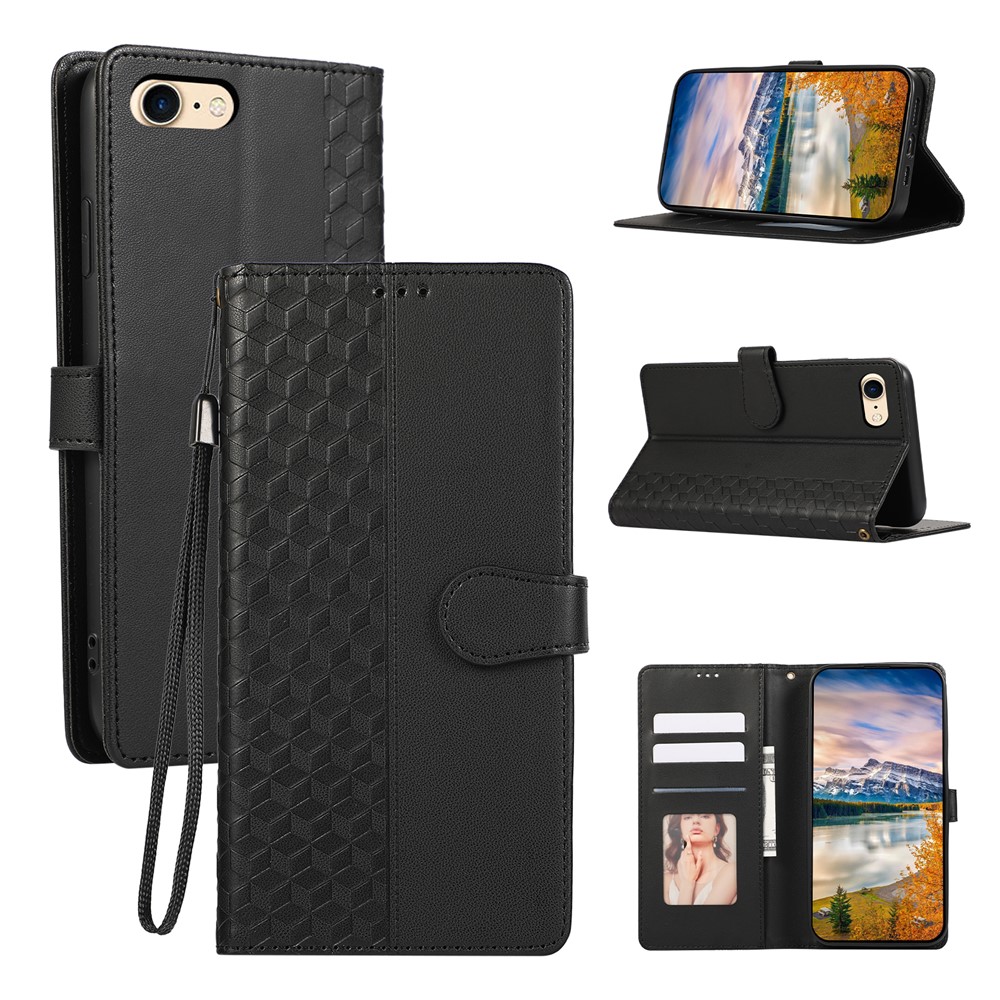 For iPhone 16e Case 3D Rhombus Grid Imprinted Wallet Leather Phone Cover with Lanyard - Black