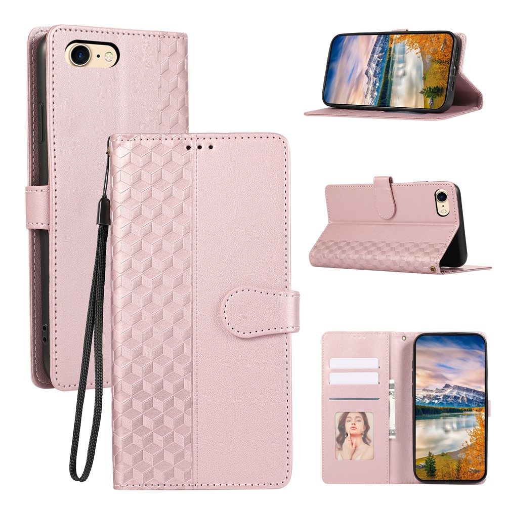 For iPhone 16e Case 3D Rhombus Grid Imprinted Wallet Leather Phone Cover with Lanyard - Rose Gold