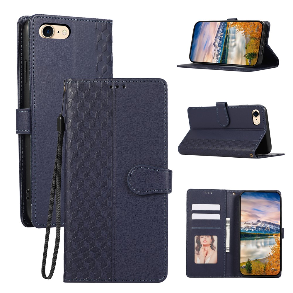 For iPhone 16e Case 3D Rhombus Grid Imprinted Wallet Leather Phone Cover with Lanyard - Blue