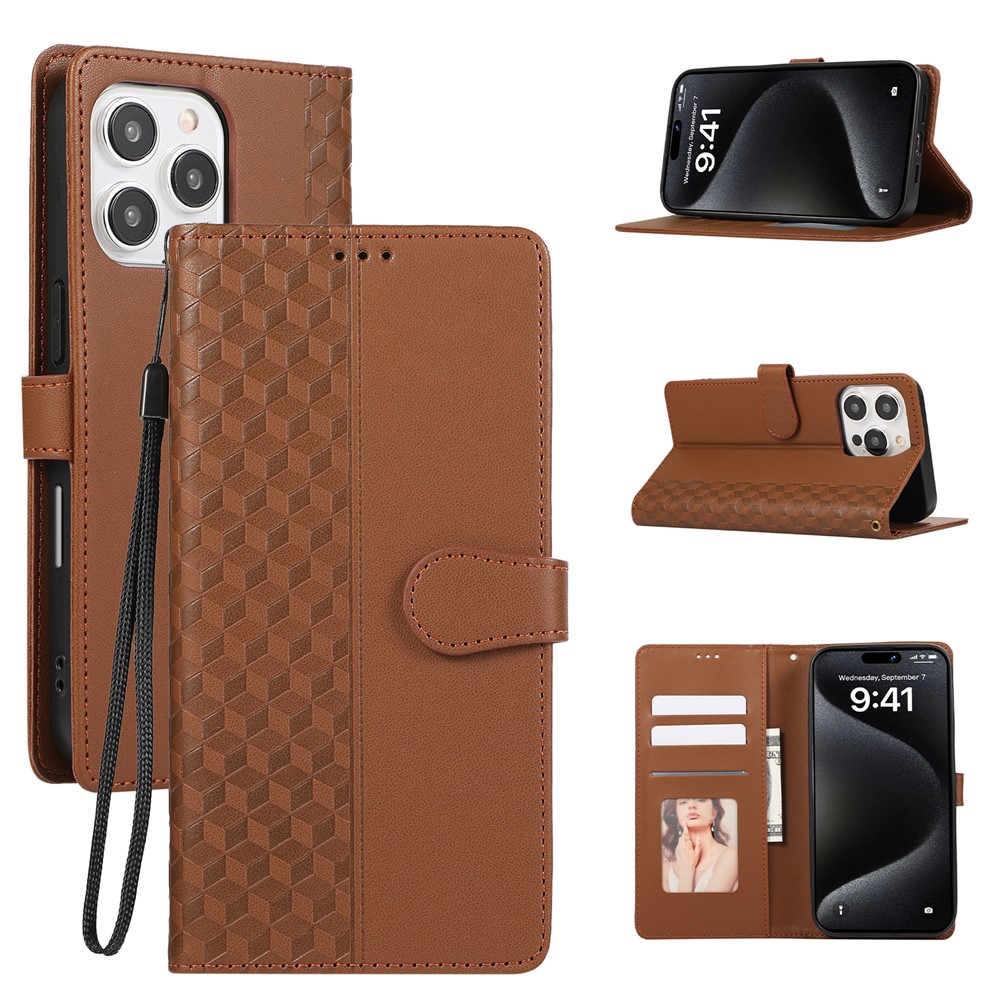 For iPhone 15 Pro Max Case 3D Rhombus Grid Imprinted Wallet Leather Phone Cover with Lanyard - Brown
