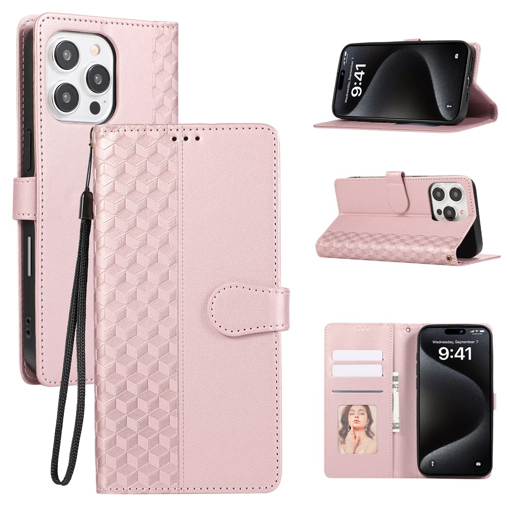 For iPhone 15 Pro Max Case 3D Rhombus Grid Imprinted Wallet Leather Phone Cover with Lanyard - Rose Gold