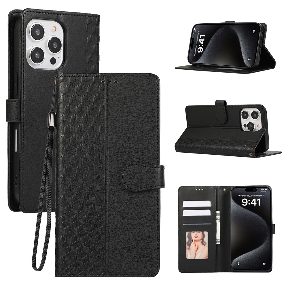 For iPhone 15 Pro Case 3D Rhombus Grid Imprinted Wallet Leather Phone Cover with Lanyard - Black