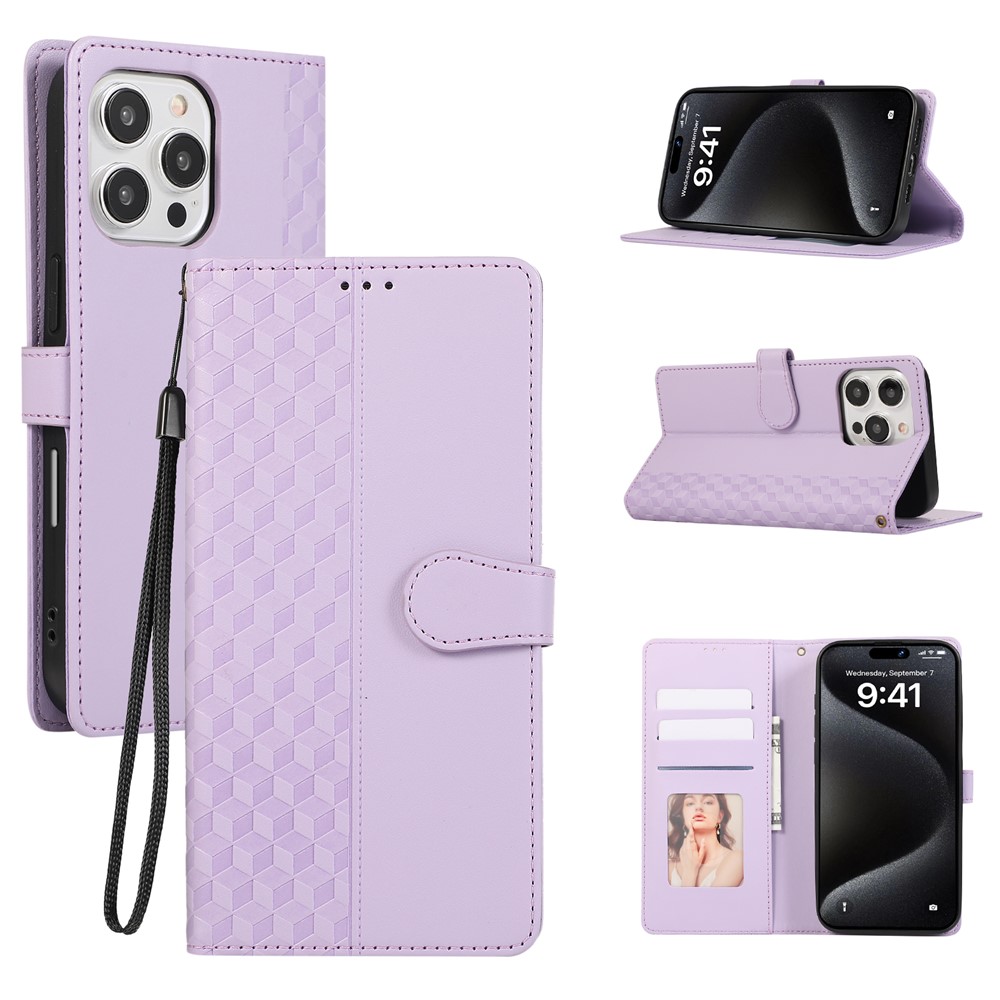 For iPhone 15 Pro Case 3D Rhombus Grid Imprinted Wallet Leather Phone Cover with Lanyard - Purple