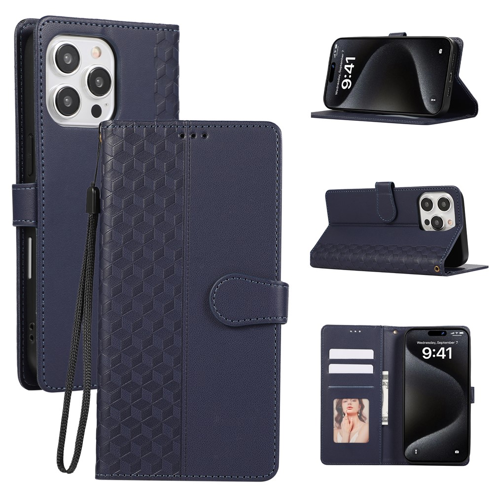 For iPhone 15 Pro Case 3D Rhombus Grid Imprinted Wallet Leather Phone Cover with Lanyard - Blue