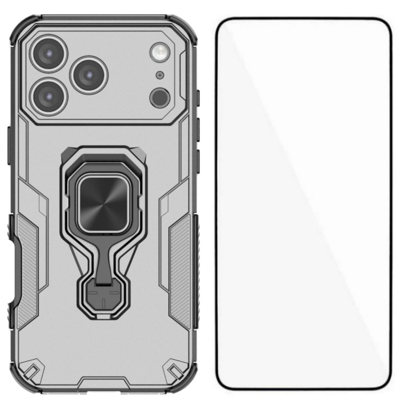 For iPhone 17 Pro Phone Case WANLONFENG PC TPU Back Cover Kickstand with Tempered Glass - Grey