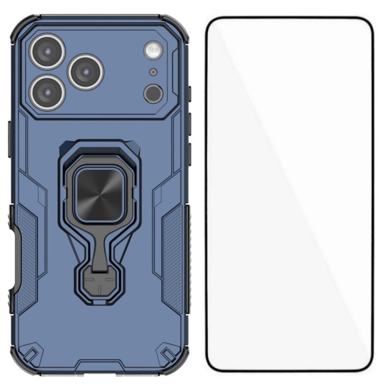 For iPhone 17 Pro Phone Case WANLONFENG PC TPU Back Cover Kickstand with Tempered Glass - Blue