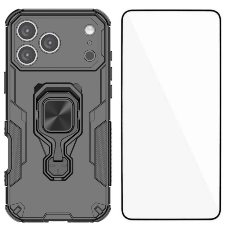 For iPhone 17 Pro Max Phone Case WANLONFENG PC TPU Back Cover Kickstand with Tempered Glass - Black