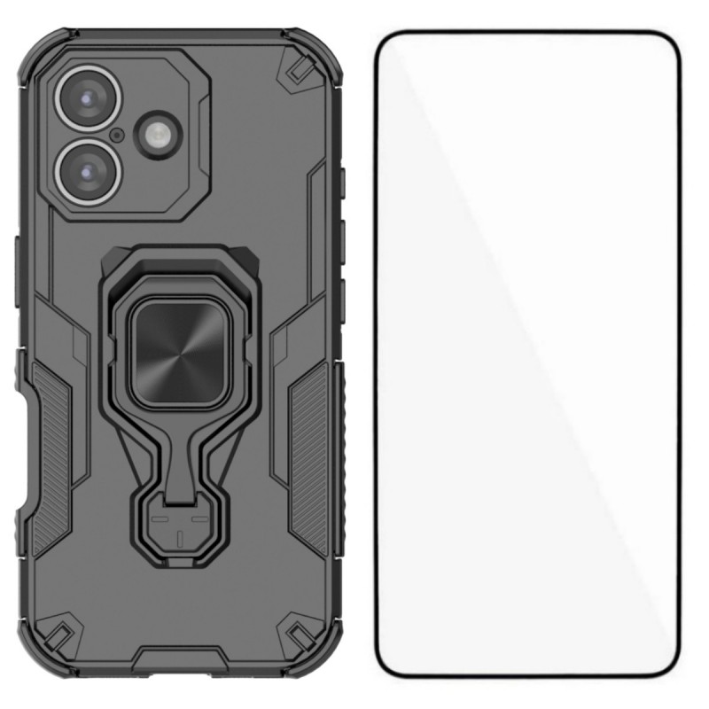 For iPhone 17 Phone Case WANLONFENG PC TPU Back Cover Kickstand with Tempered Glass - Black