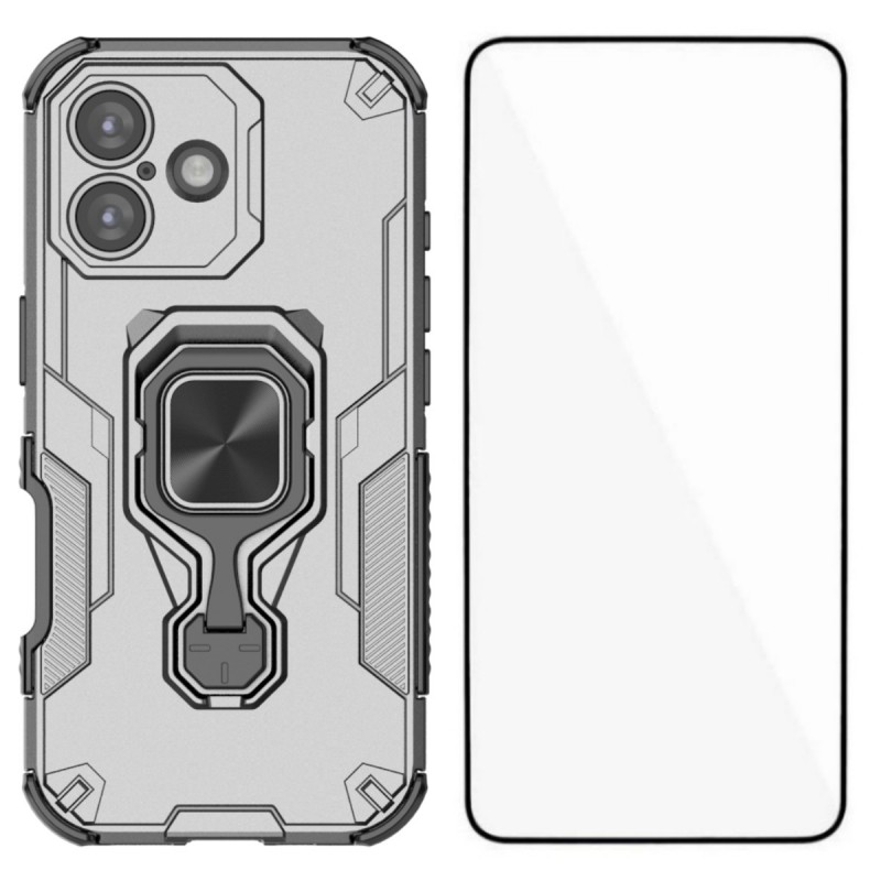 For iPhone 17 Phone Case WANLONFENG PC TPU Back Cover Kickstand with Tempered Glass - Grey