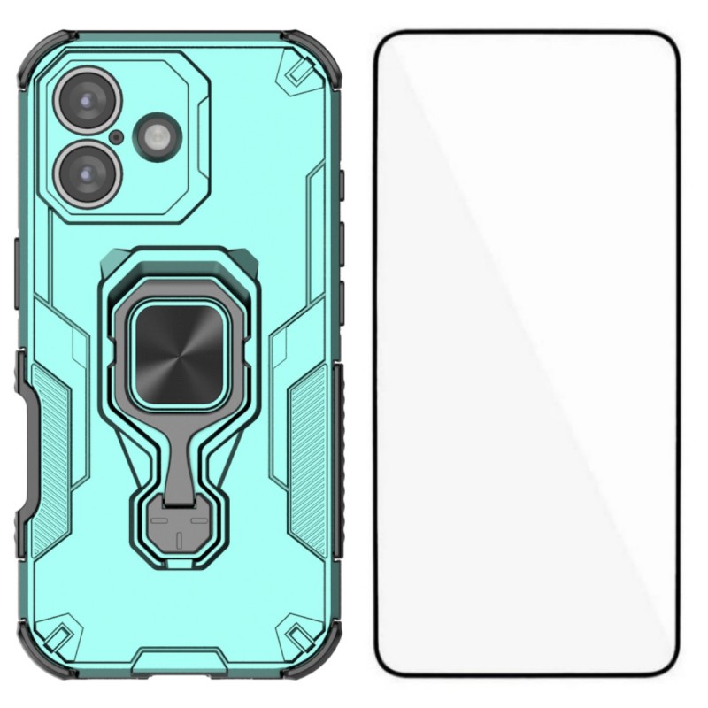 For iPhone 17 Phone Case WANLONFENG PC TPU Back Cover Kickstand with Tempered Glass - Green