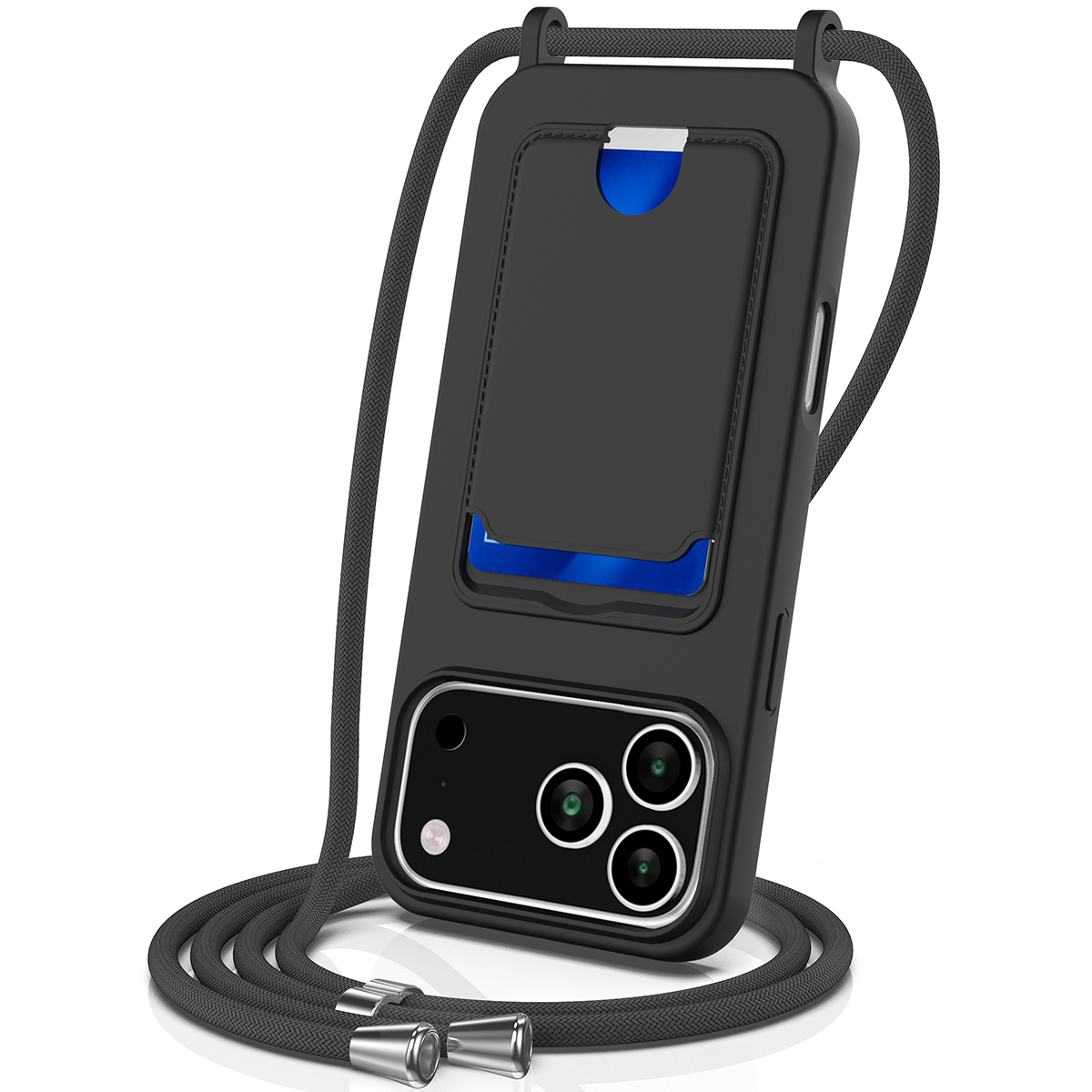 For iPhone 17 Pro Case Liquid Silicone Card Holder Back Phone Cover with Lanyard - Black