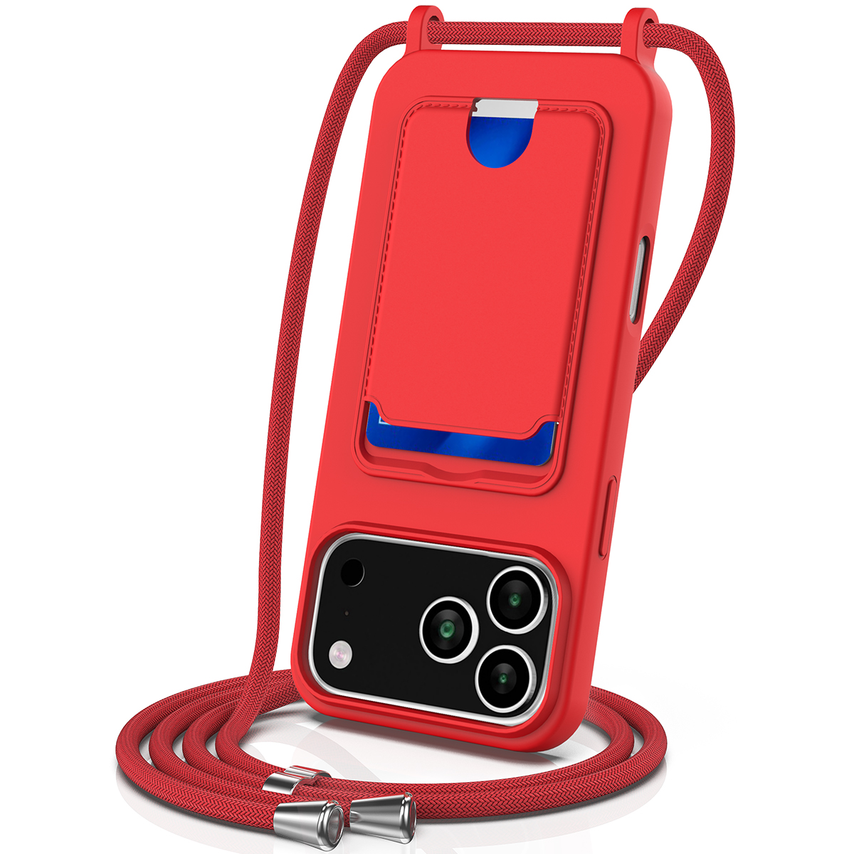 For iPhone 17 Pro Case Liquid Silicone Card Holder Back Phone Cover with Lanyard - Red