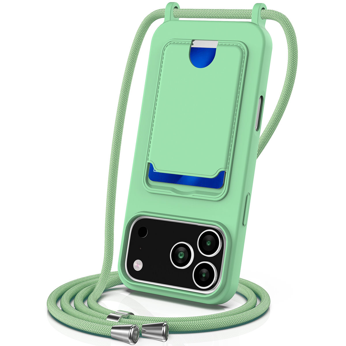 For iPhone 17 Pro Case Liquid Silicone Card Holder Back Phone Cover with Lanyard - Green