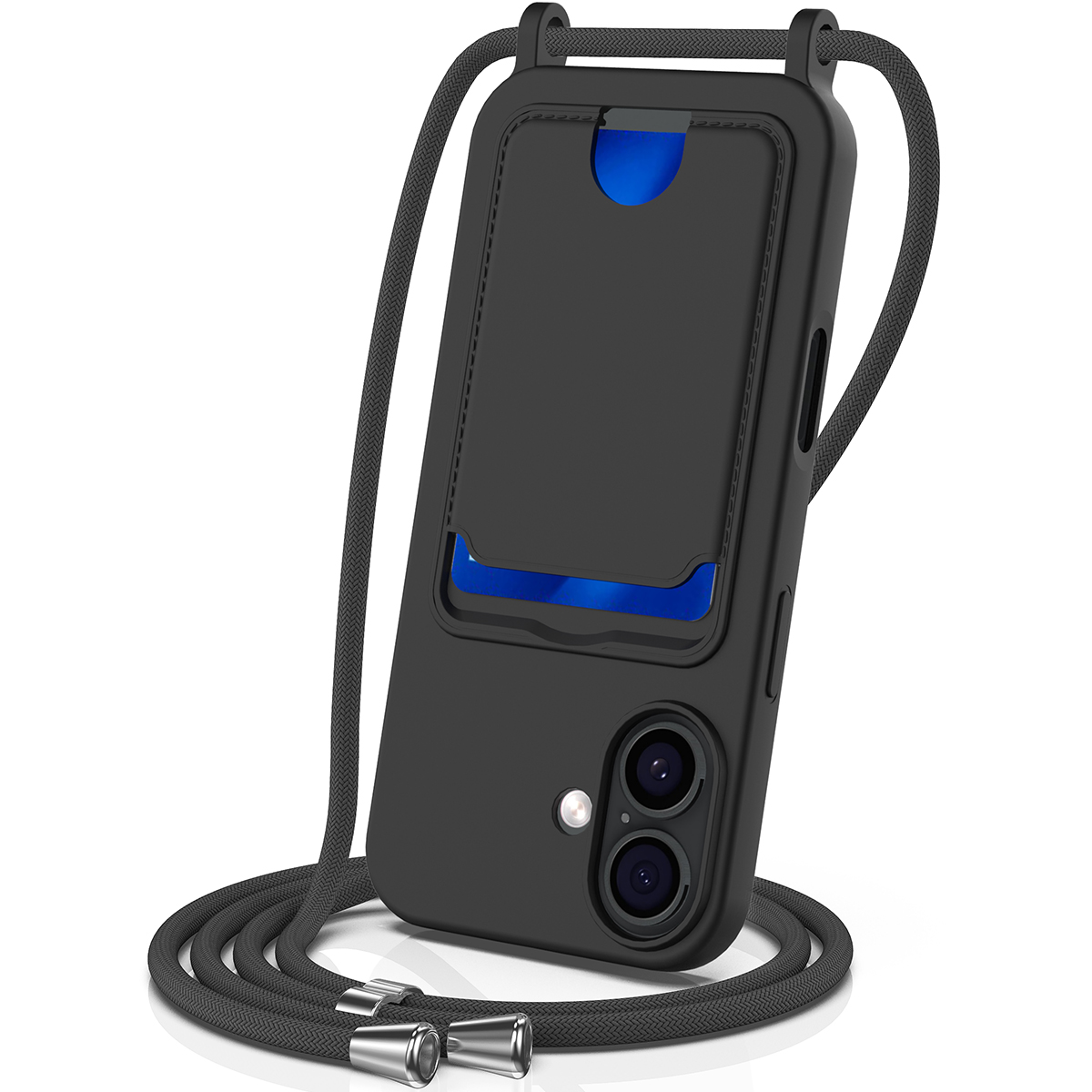 For iPhone 17 Case Liquid Silicone Card Holder Back Phone Cover with Lanyard - Black