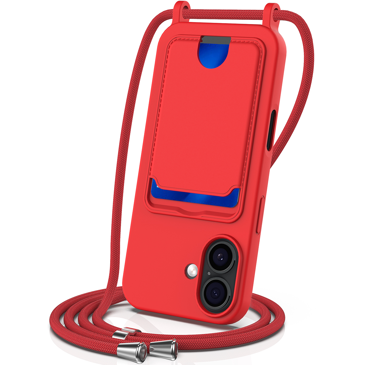 For iPhone 17 Case Liquid Silicone Card Holder Back Phone Cover with Lanyard - Red