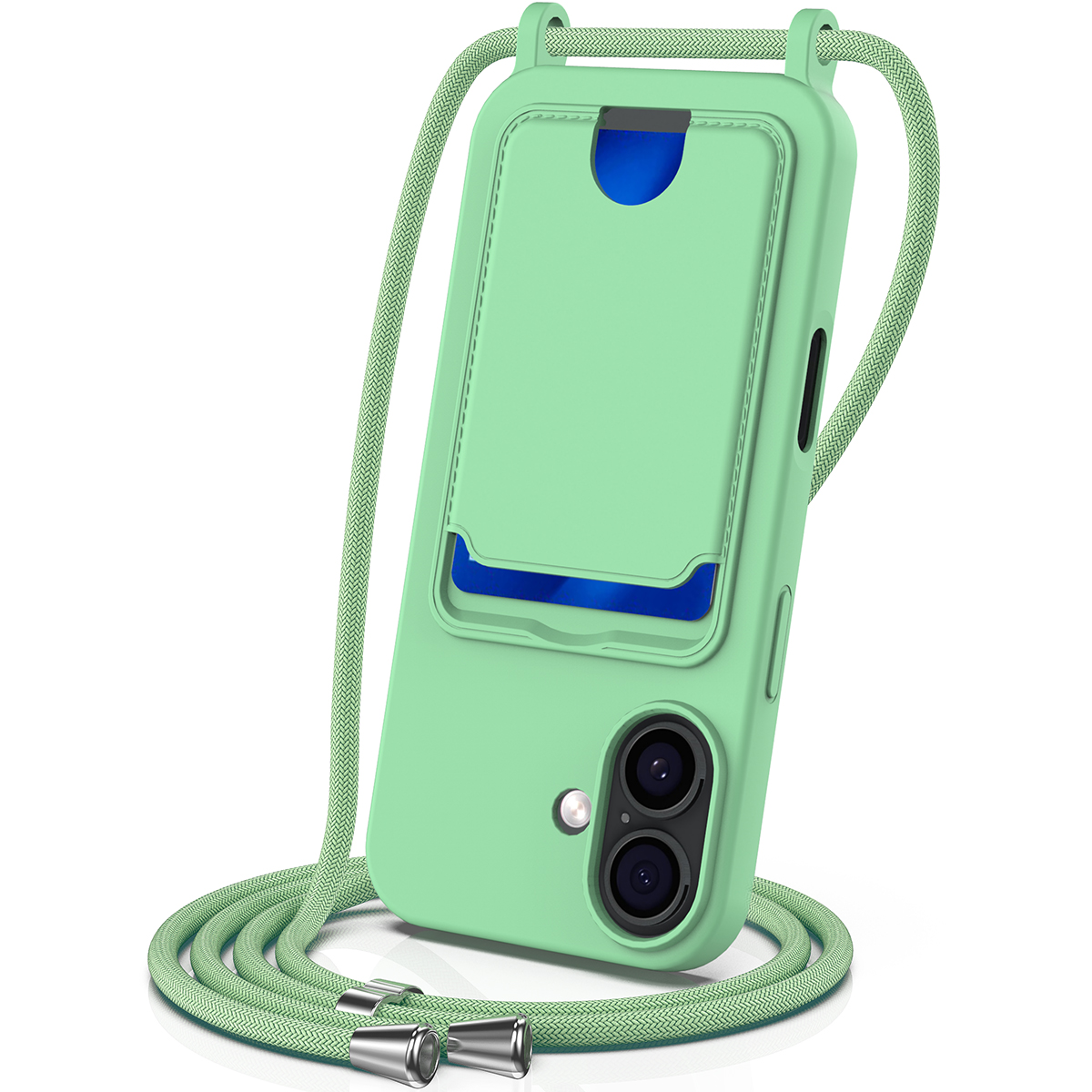 For iPhone 17 Case Liquid Silicone Card Holder Back Phone Cover with Lanyard - Green