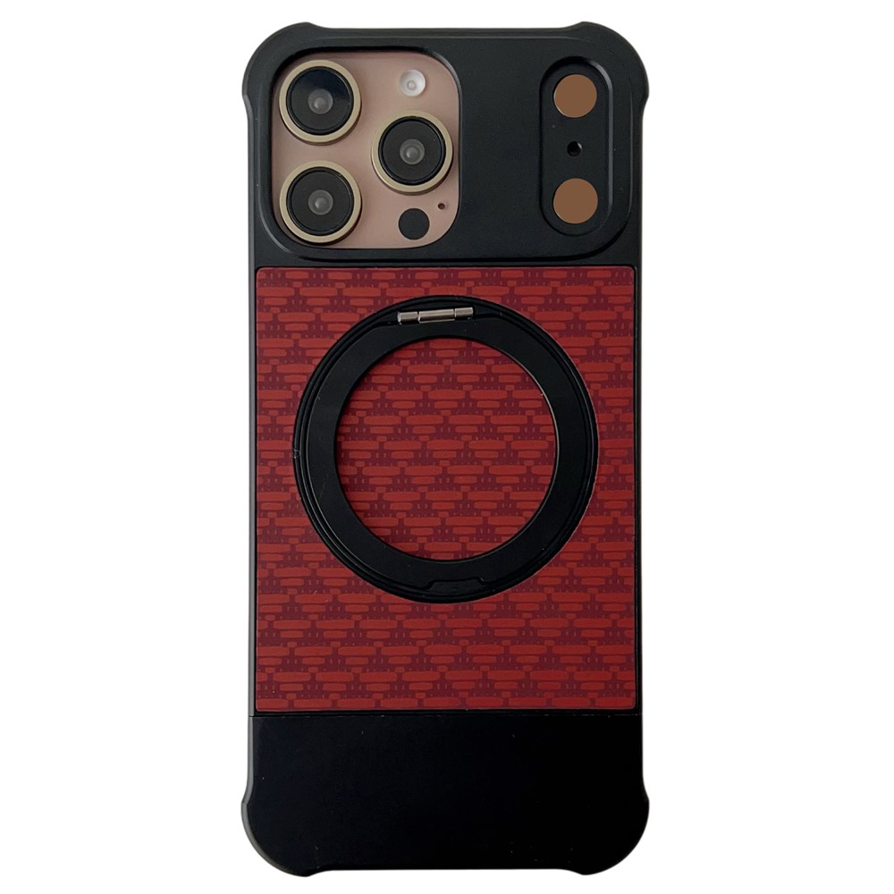For iPhone 16 Pro Max Magnetic Case Kickstand Lens Upgrade Design Metal Carbon Fiber Phone Cover - Black  /  Red