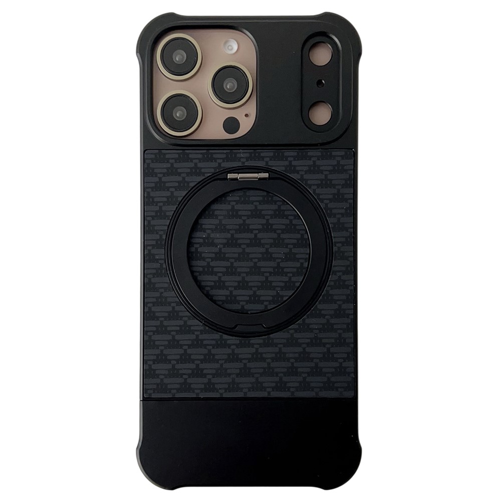 For iPhone 16 Pro Max Magnetic Case Kickstand Lens Upgrade Design Metal Carbon Fiber Phone Cover - Black