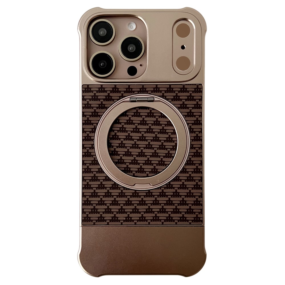 For iPhone 15 Pro Max Magnetic Case Kickstand Lens Upgrade Design Metal Carbon Fiber Phone Cover - Gold