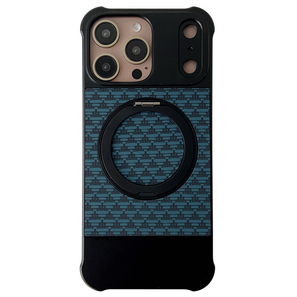 For iPhone 15 Pro Max Magnetic Case Kickstand Lens Upgrade Design Metal Carbon Fiber Phone Cover - Black  /  Blue