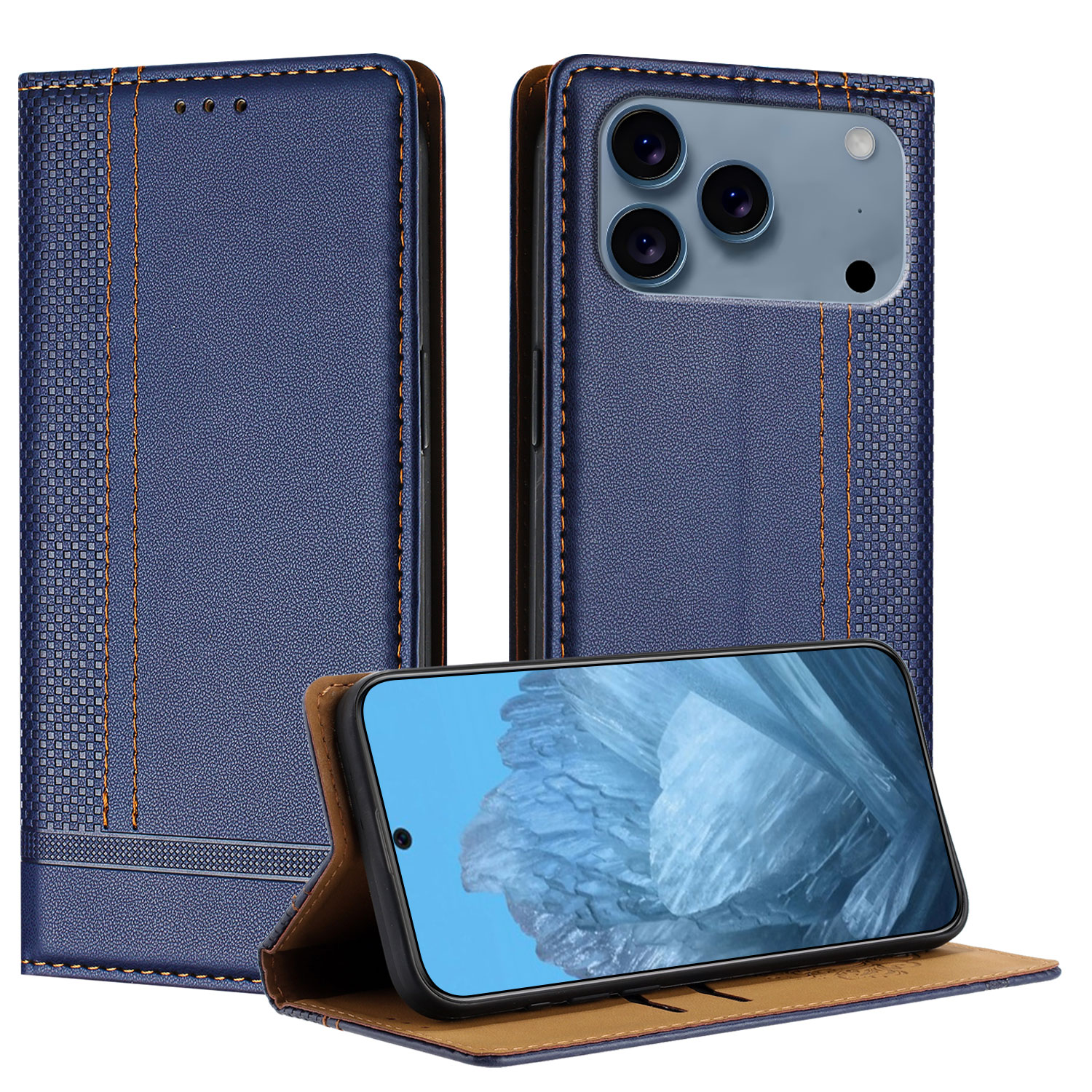 For iPhone 17 Pro Max Case L-Shaped Grid Pattern Leather Stand Phone Cover with Card Slots - Blue