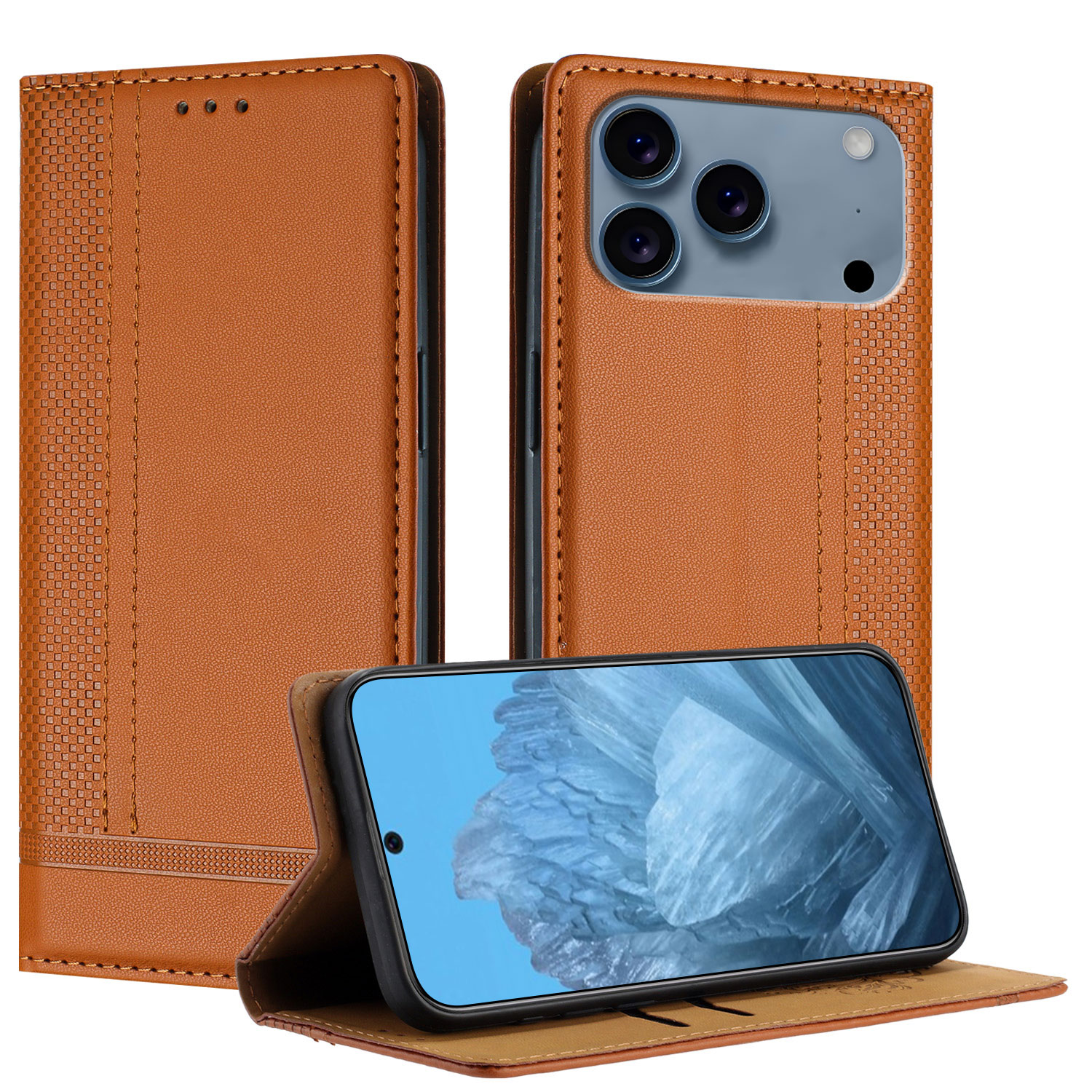 For iPhone 17 Pro Max Case L-Shaped Grid Pattern Leather Stand Phone Cover with Card Slots - Brown