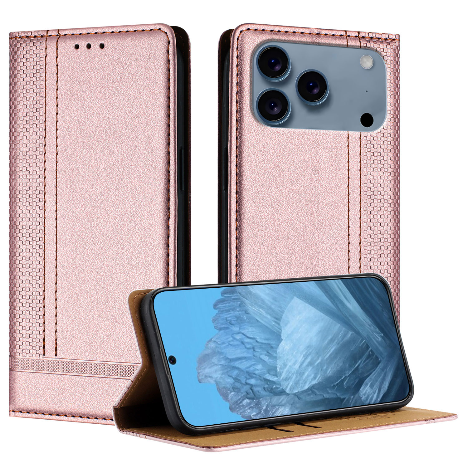 For iPhone 17 Pro Max Case L-Shaped Grid Pattern Leather Stand Phone Cover with Card Slots - Rose Gold