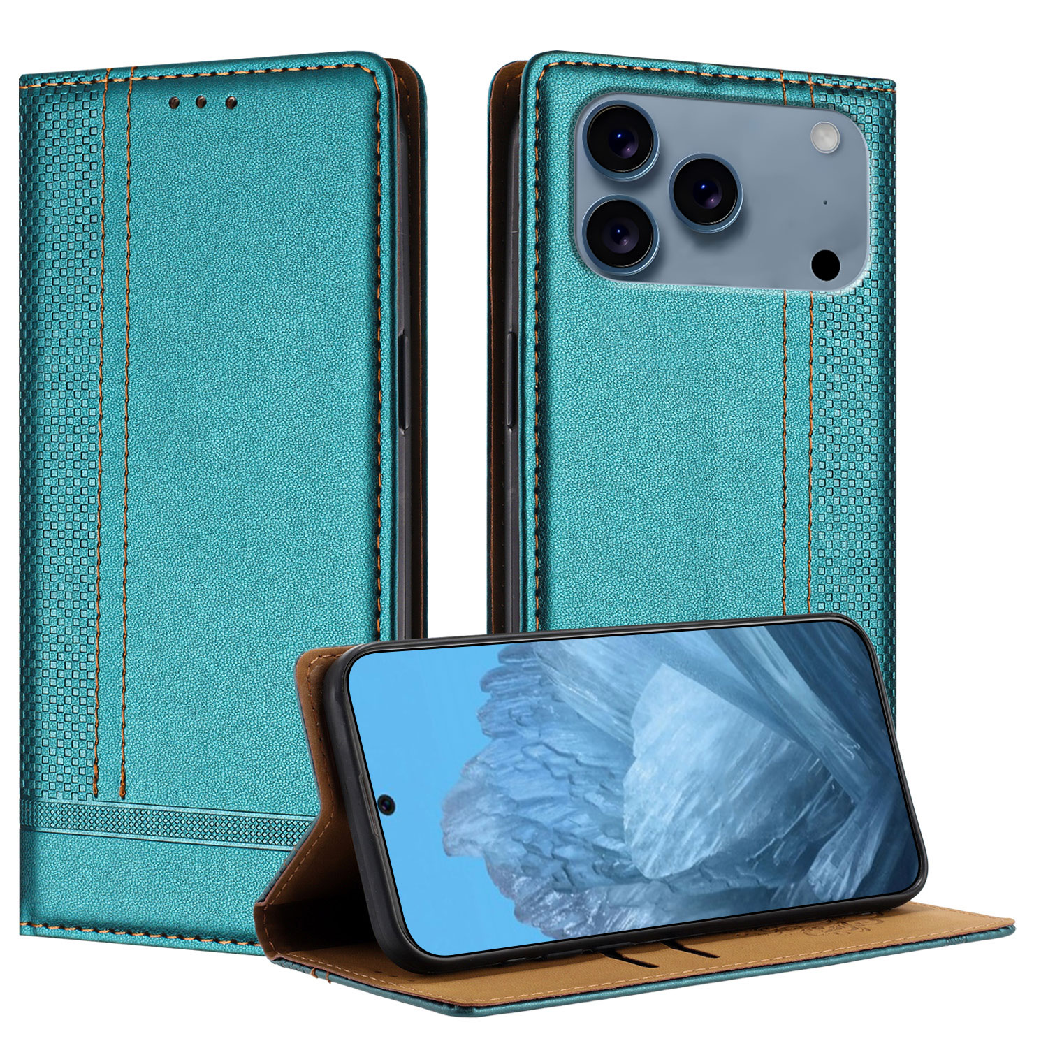 For iPhone 17 Pro Case L-Shaped Grid Pattern Leather Stand Phone Cover with Card Slots - Green