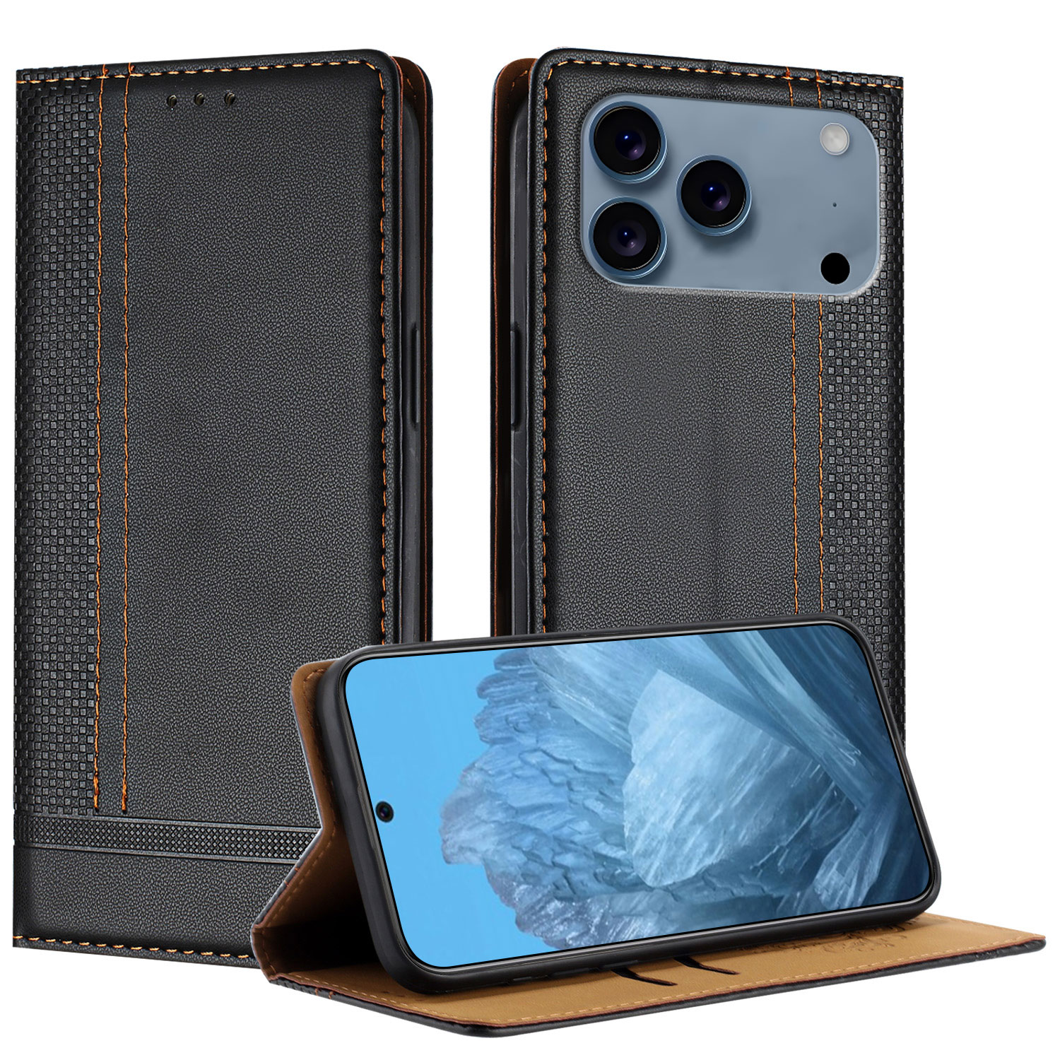 For iPhone 17 Pro Case L-Shaped Grid Pattern Leather Stand Phone Cover with Card Slots - Black