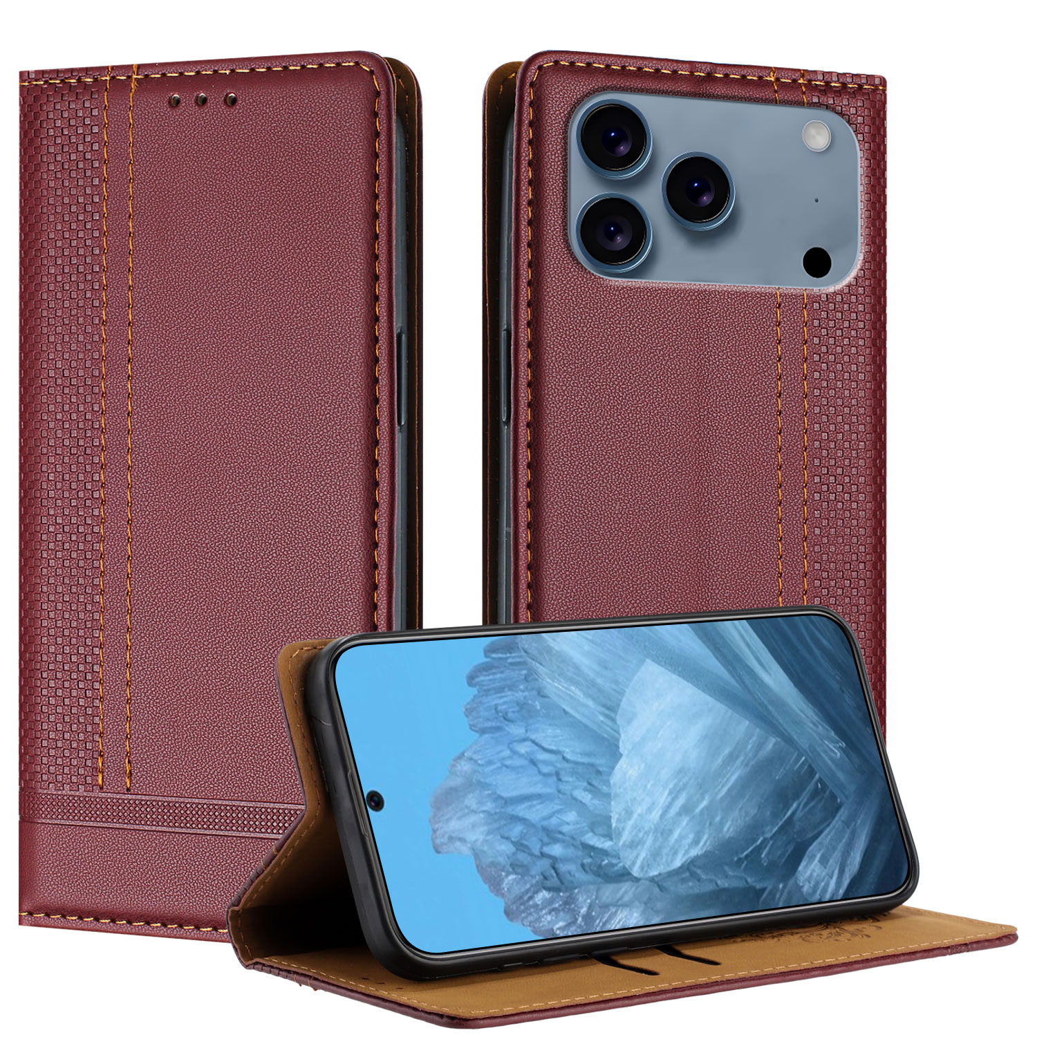 For iPhone 17 Pro Case L-Shaped Grid Pattern Leather Stand Phone Cover with Card Slots - Wine Red