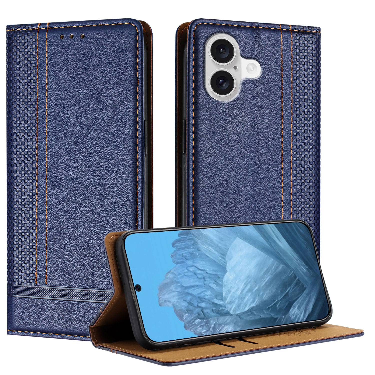 For iPhone 17 Case L-Shaped Grid Pattern Leather Stand Phone Cover with Card Slots - Blue