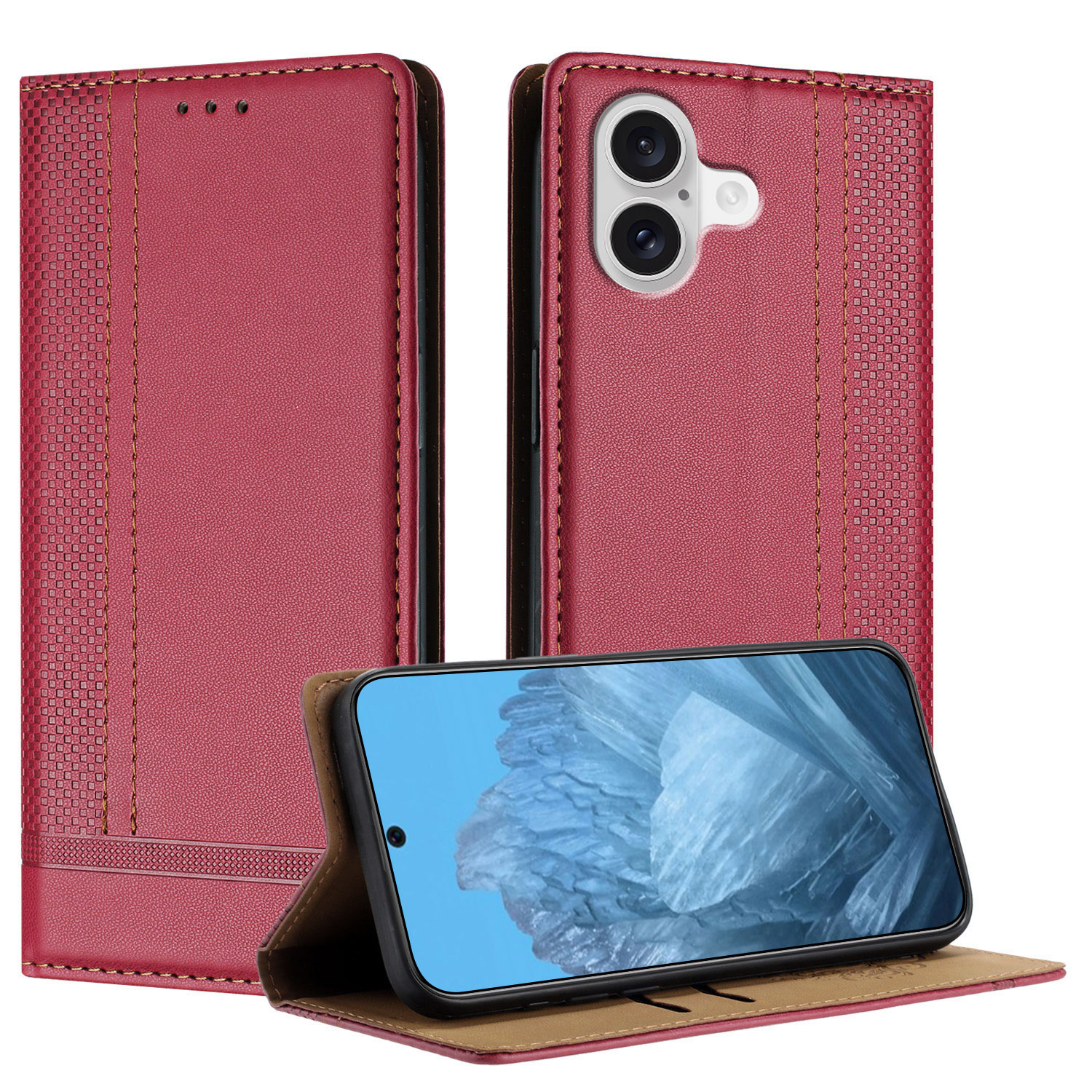 For iPhone 17 Case L-Shaped Grid Pattern Leather Stand Phone Cover with Card Slots - Red