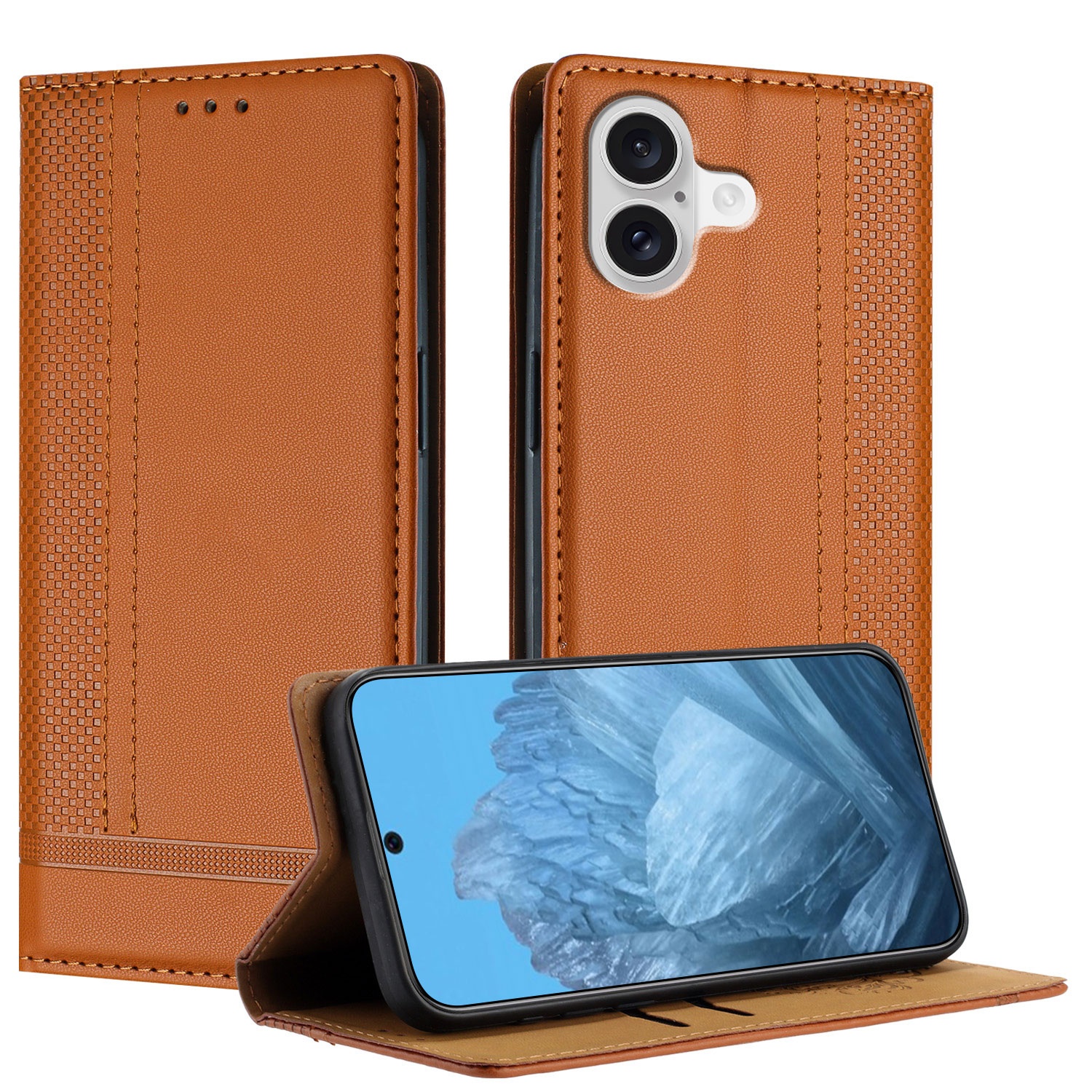 For iPhone 17 Case L-Shaped Grid Pattern Leather Stand Phone Cover with Card Slots - Brown