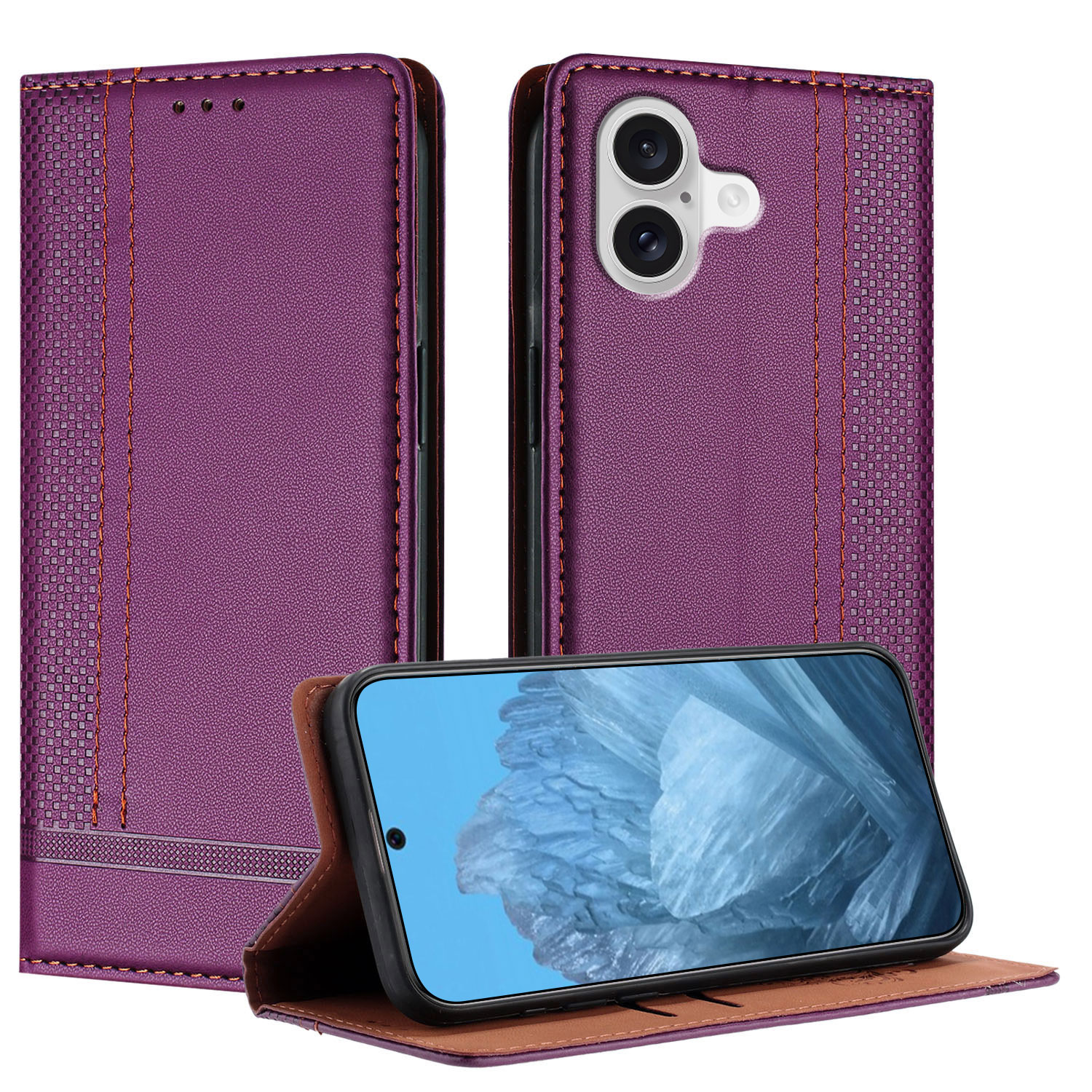 For iPhone 17 Case L-Shaped Grid Pattern Leather Stand Phone Cover with Card Slots - Purple