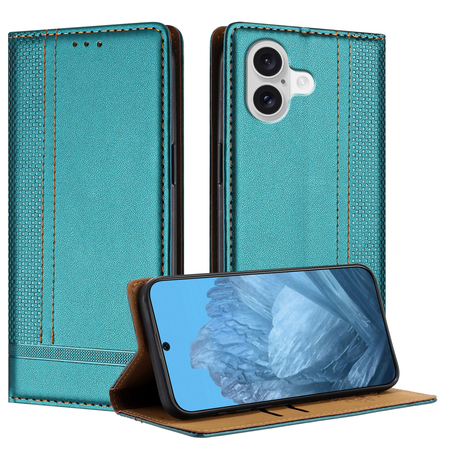 For iPhone 17 Case L-Shaped Grid Pattern Leather Stand Phone Cover with Card Slots - Green