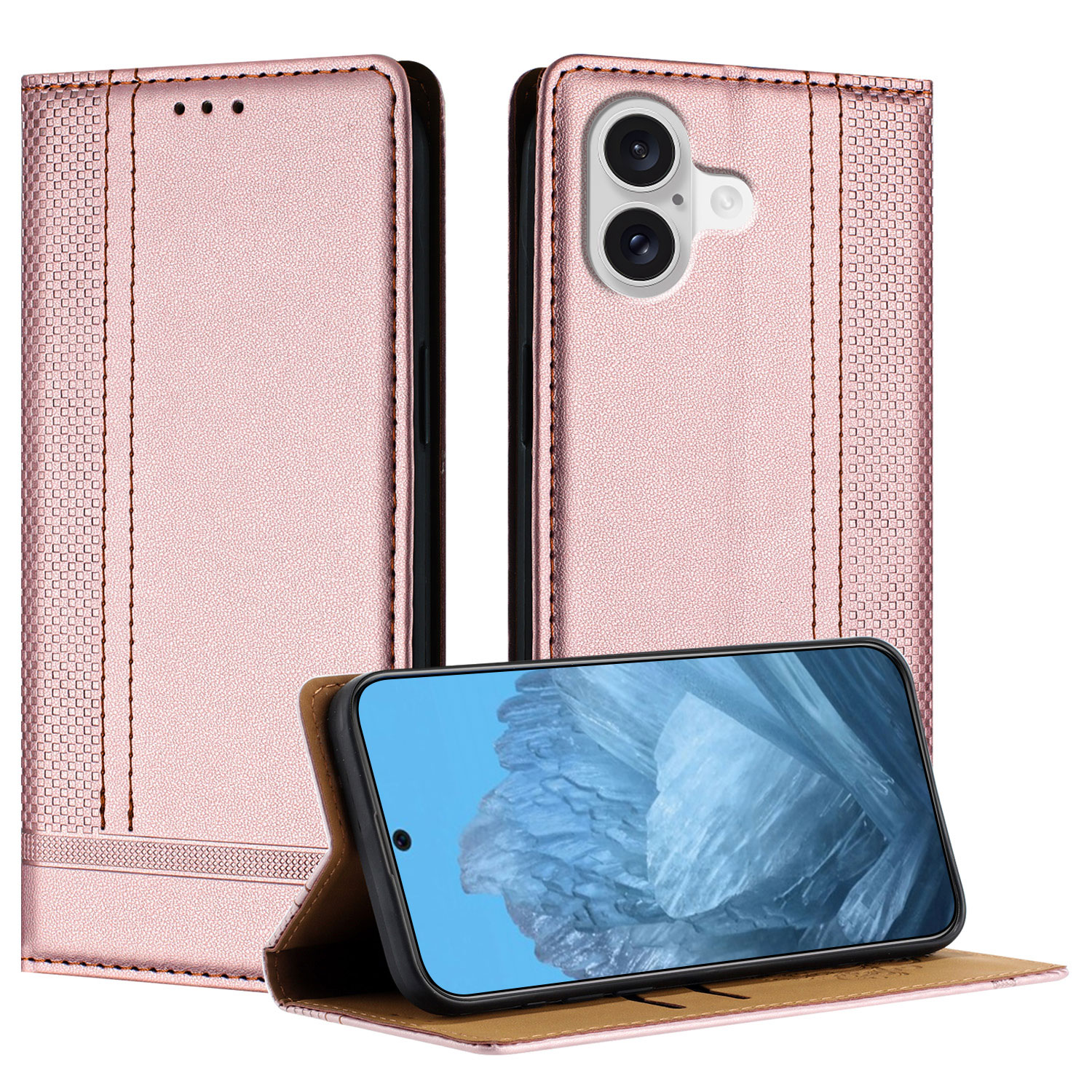 For iPhone 17 Case L-Shaped Grid Pattern Leather Stand Phone Cover with Card Slots - Rose Gold